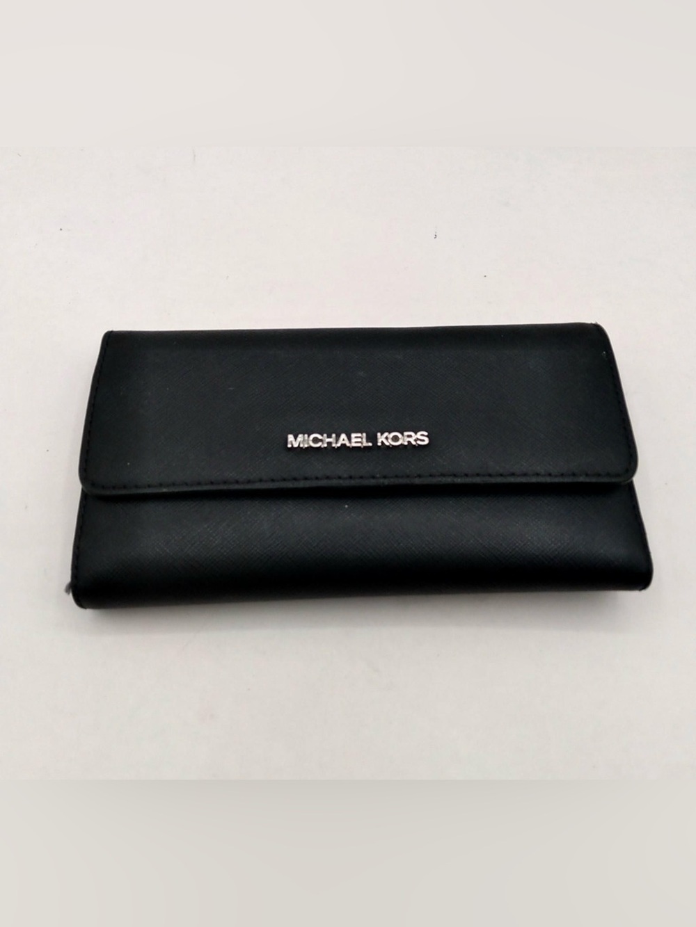MICHAEL KORS Black Saffiano Leather Jet Set Large Flap Continental Wallet Silver